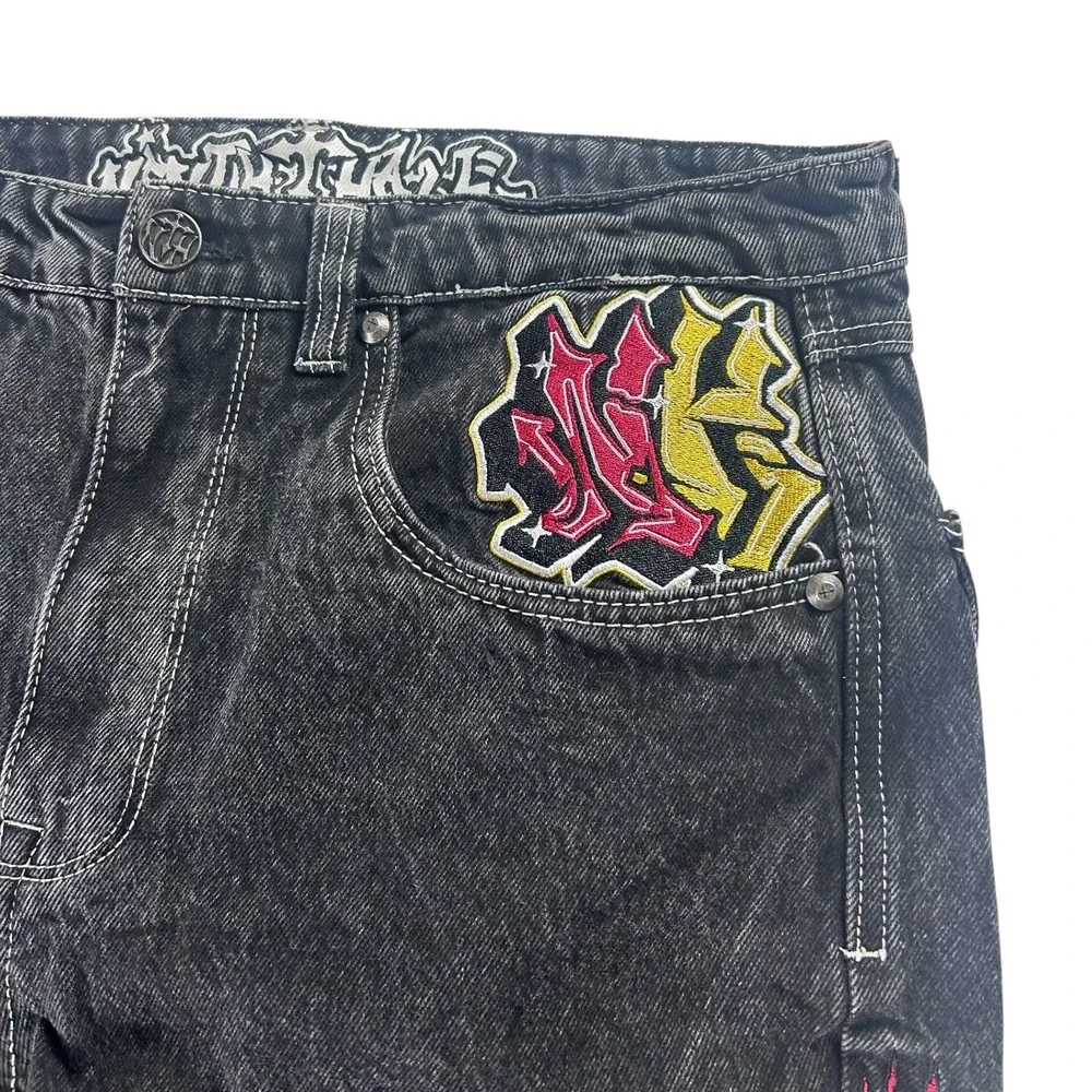 Ambush Mens 32 Baggy Jeans Acid Wash Black Embroidered Panther Snake Y2K Street